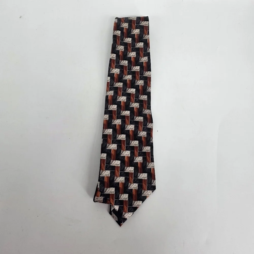 VINTAGE Pierre Cardin 100% Silk Tie Abstract Geometric Blue Burnt Orange